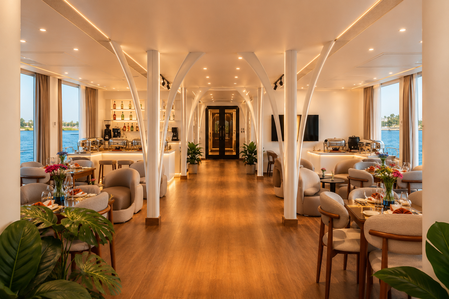 Panoramic indoor lounge and dining area
